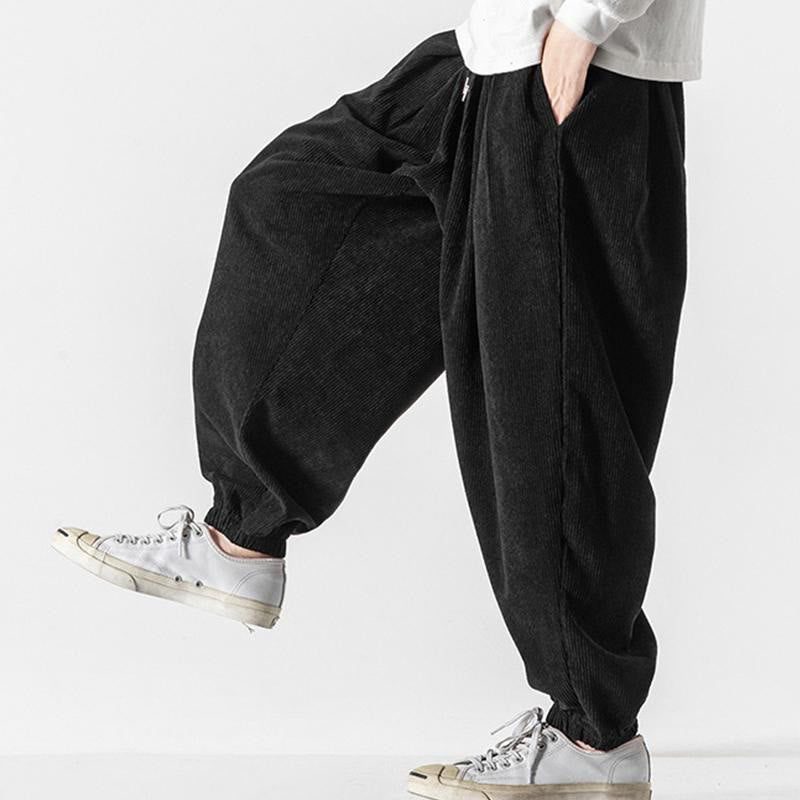 Buddha Stones Casual Pure Color Men's Drawstring Corduroy Harem Ankle-Length Pants With Pockets