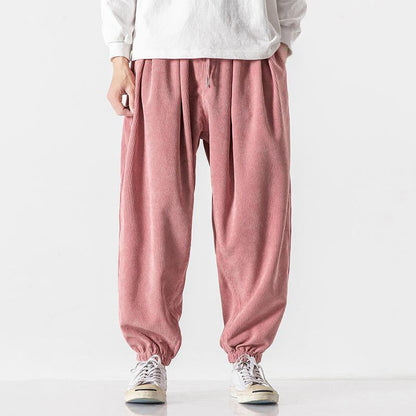 Buddha Stones Casual Pure Color Men's Drawstring Corduroy Harem Ankle-Length Pants With Pockets