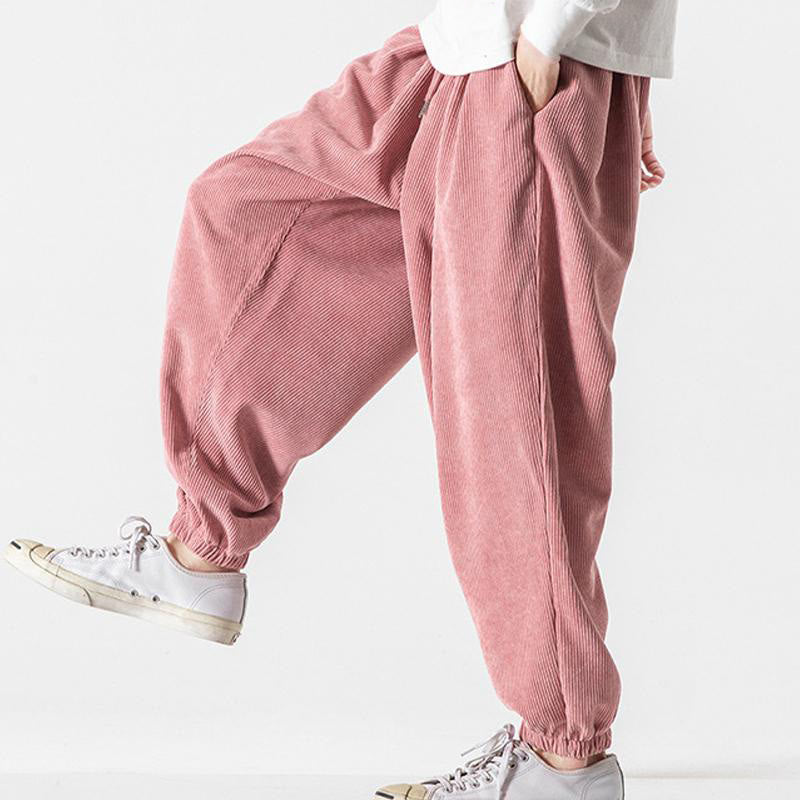 Buddha Stones Casual Pure Color Men's Drawstring Corduroy Harem Ankle-Length Pants With Pockets
