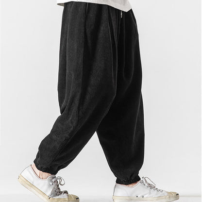 Buddha Stones Casual Pure Color Men's Drawstring Corduroy Harem Ankle-Length Pants With Pockets