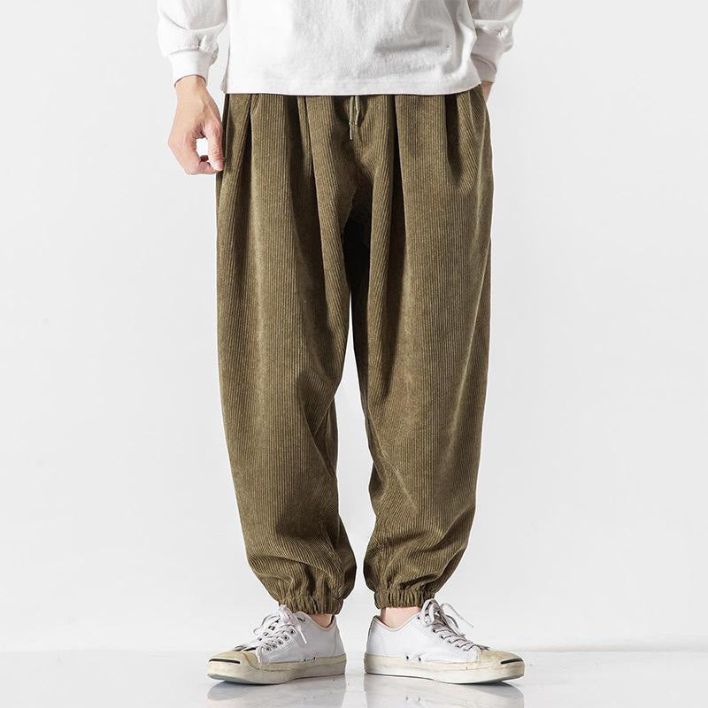 Buddha Stones Casual Pure Color Men's Drawstring Corduroy Harem Ankle-Length Pants With Pockets