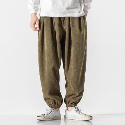 Buddha Stones Casual Pure Color Men's Drawstring Corduroy Harem Ankle-Length Pants With Pockets