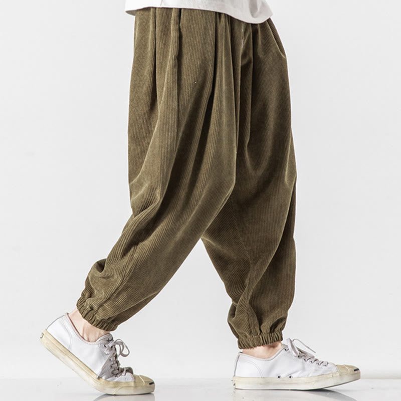 Buddha Stones Casual Pure Color Men's Drawstring Corduroy Harem Ankle-Length Pants With Pockets