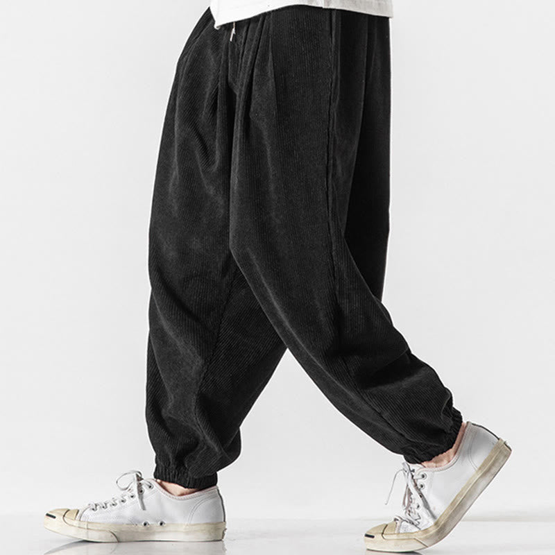 Buddha Stones Casual Pure Color Men's Drawstring Corduroy Harem Ankle-Length Pants With Pockets