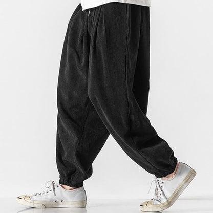 Buddha Stones Casual Pure Color Men's Drawstring Corduroy Harem Ankle-Length Pants With Pockets