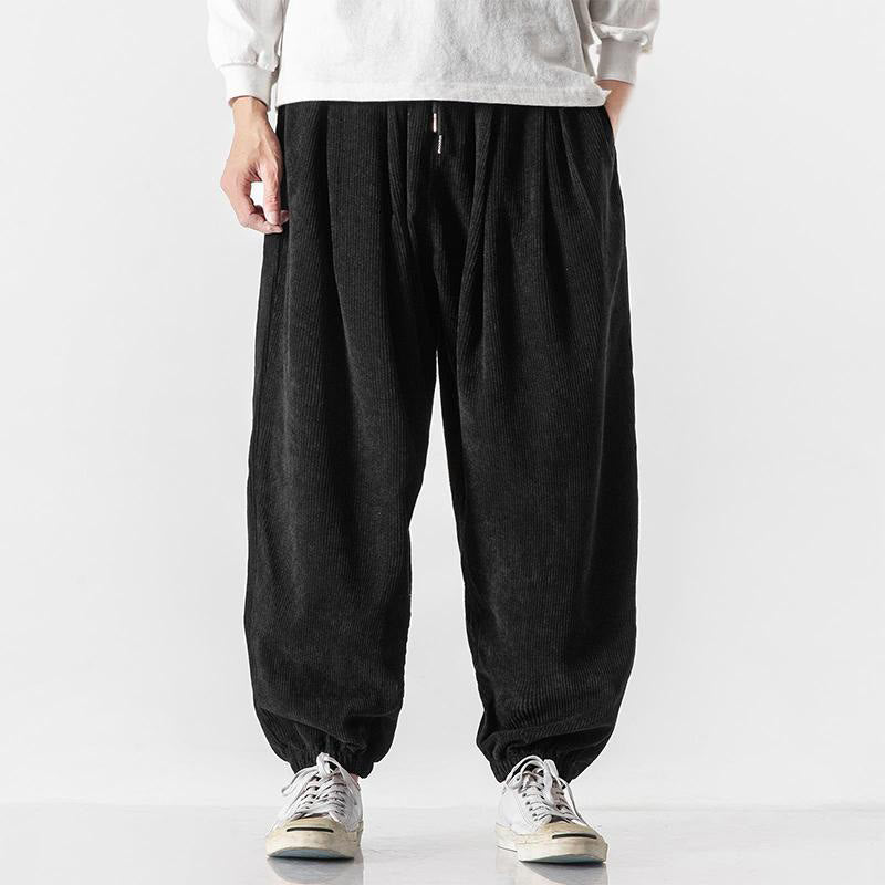 Buddha Stones Casual Pure Color Men's Drawstring Corduroy Harem Ankle-Length Pants With Pockets