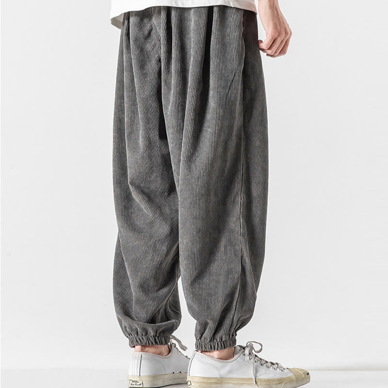 Buddha Stones Casual Pure Color Men's Drawstring Corduroy Harem Ankle-Length Pants With Pockets