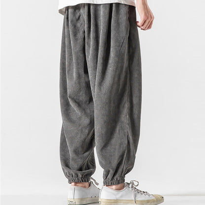 Buddha Stones Casual Pure Color Men's Drawstring Corduroy Harem Ankle-Length Pants With Pockets