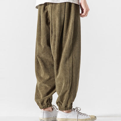 Buddha Stones Casual Pure Color Men's Drawstring Corduroy Harem Ankle-Length Pants With Pockets