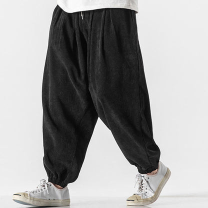 Buddha Stones Casual Pure Color Men's Drawstring Corduroy Harem Ankle-Length Pants With Pockets