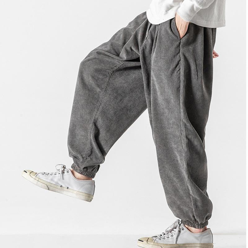 Buddha Stones Casual Pure Color Men's Drawstring Corduroy Harem Ankle-Length Pants With Pockets