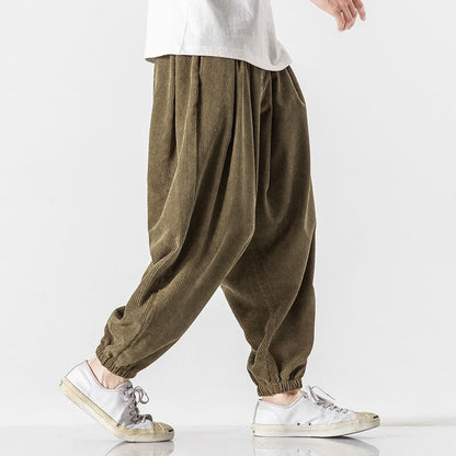 Buddha Stones Casual Pure Color Men's Drawstring Corduroy Harem Ankle-Length Pants With Pockets