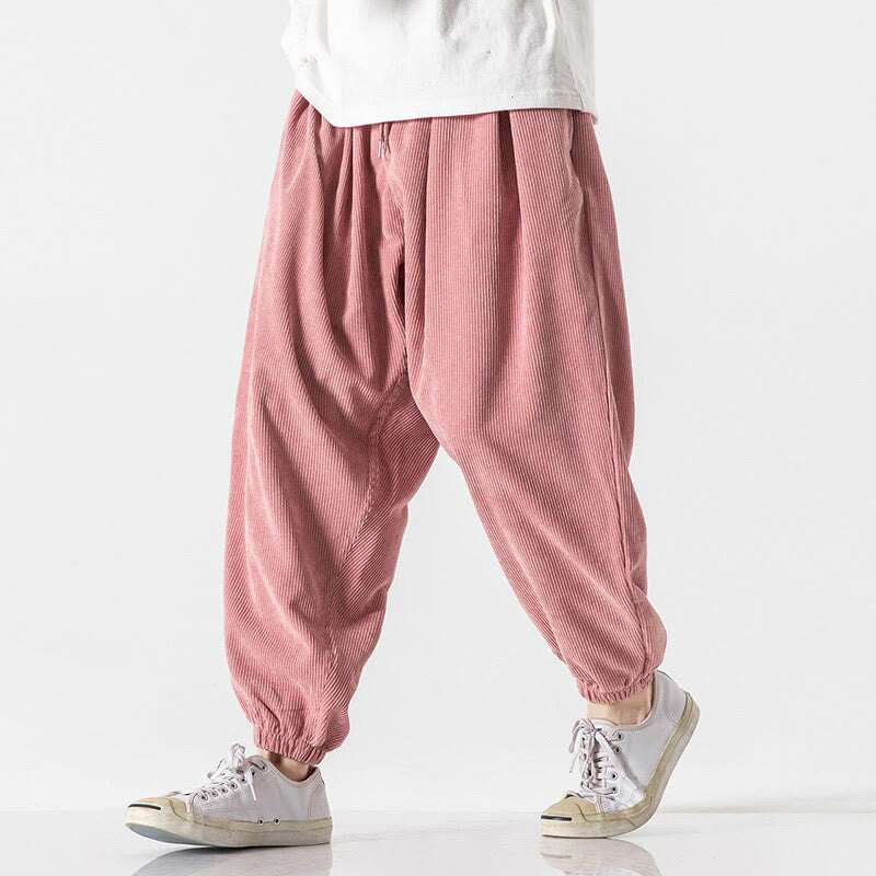 Buddha Stones Casual Pure Color Men's Drawstring Corduroy Harem Ankle-Length Pants With Pockets