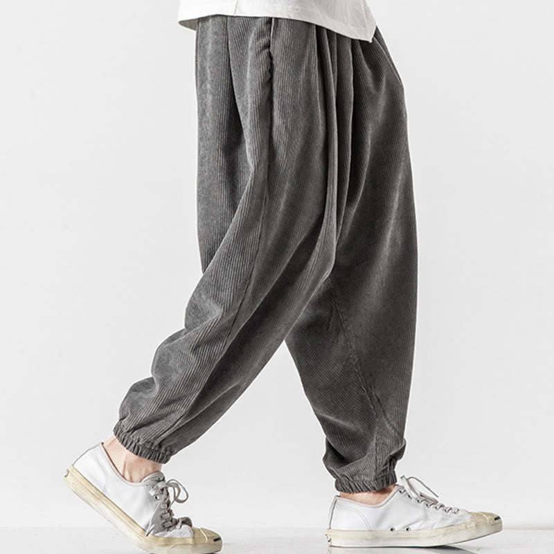 Buddha Stones Casual Pure Color Men's Drawstring Corduroy Harem Ankle-Length Pants With Pockets
