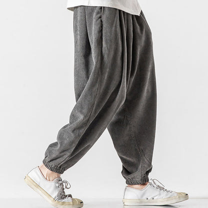 Buddha Stones Casual Pure Color Men's Drawstring Corduroy Harem Ankle-Length Pants With Pockets