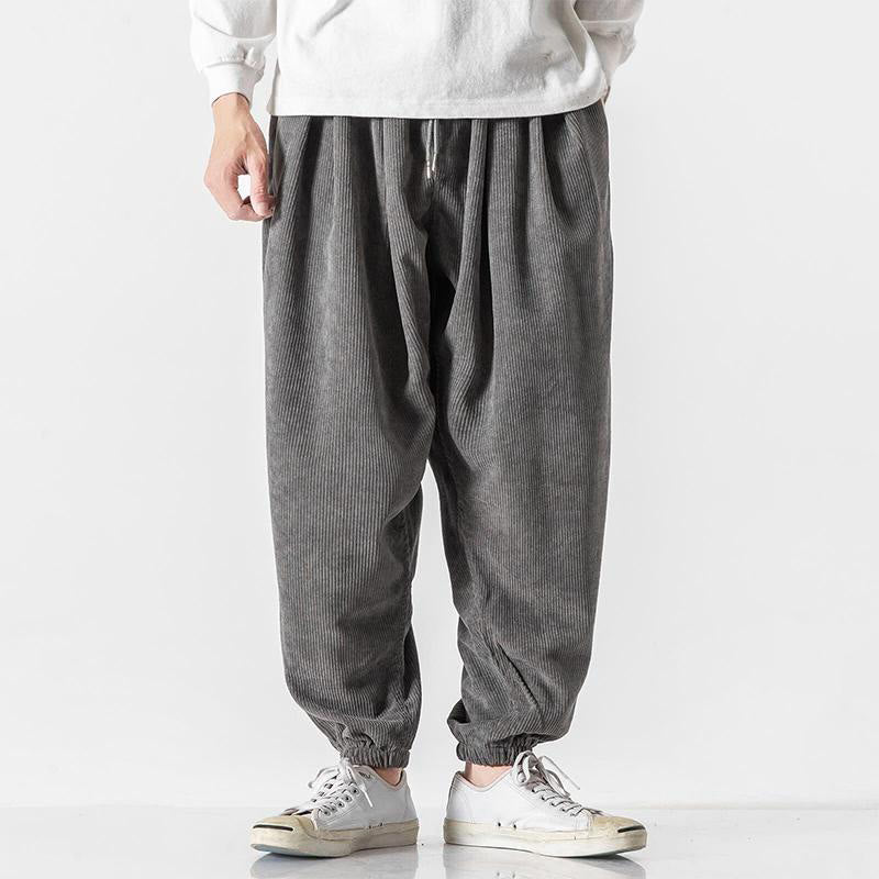 Buddha Stones Casual Pure Color Men's Drawstring Corduroy Harem Ankle-Length Pants With Pockets