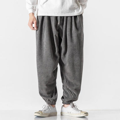 Buddha Stones Casual Pure Color Men's Drawstring Corduroy Harem Ankle-Length Pants With Pockets
