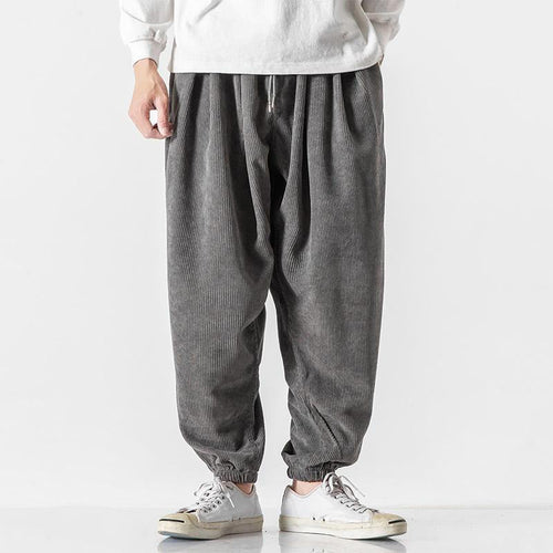 Buddha Stones Casual Pure Color Men's Drawstring Corduroy Harem Ankle-Length Pants With Pockets