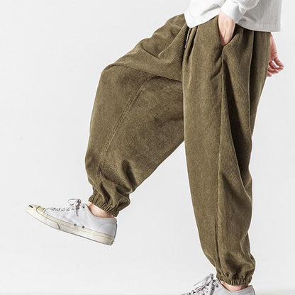 Buddha Stones Casual Pure Color Men's Drawstring Corduroy Harem Ankle-Length Pants With Pockets