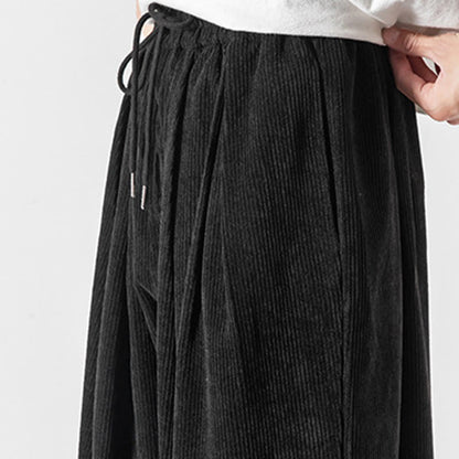 Buddha Stones Casual Pure Color Men's Drawstring Corduroy Harem Ankle-Length Pants With Pockets