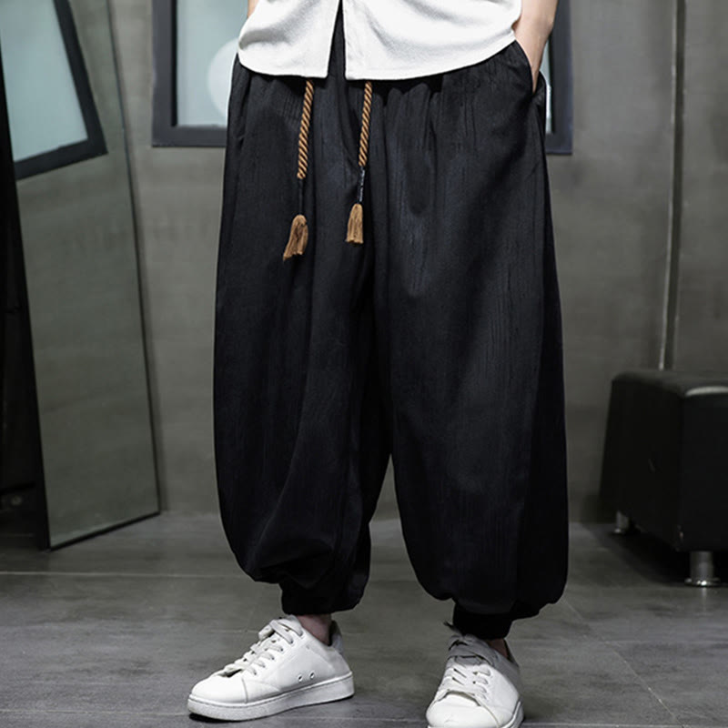 Buddha Stones Casual Daily Pure Color Drawstring Design Men's Harem Pants With Pockets