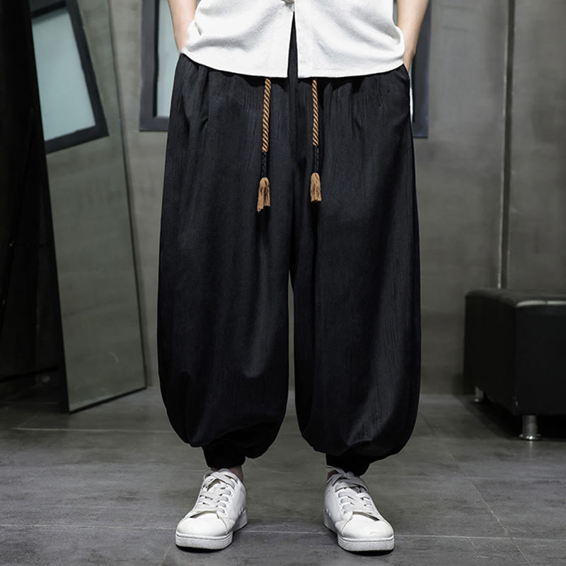 Buddha Stones Casual Daily Pure Color Drawstring Design Men's Harem Pants With Pockets