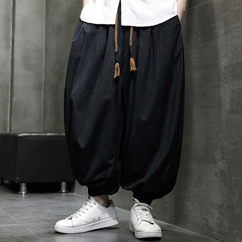 Buddha Stones Casual Daily Pure Color Drawstring Design Men's Harem Pants With Pockets