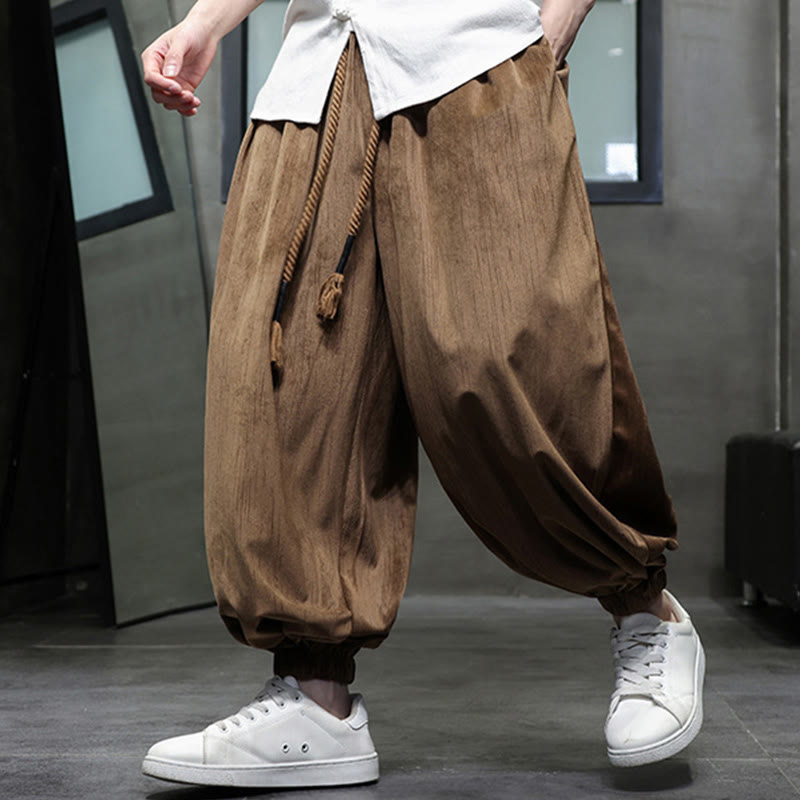 Buddha Stones Casual Daily Pure Color Drawstring Design Men's Harem Pants With Pockets