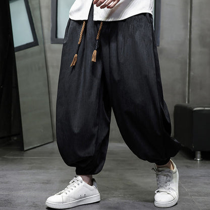 Buddha Stones Casual Daily Pure Color Drawstring Design Men's Harem Pants With Pockets