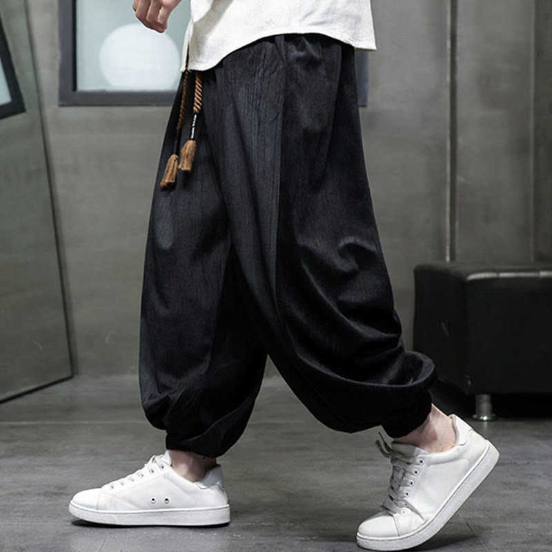 Buddha Stones Casual Daily Pure Color Drawstring Design Men's Harem Pants With Pockets