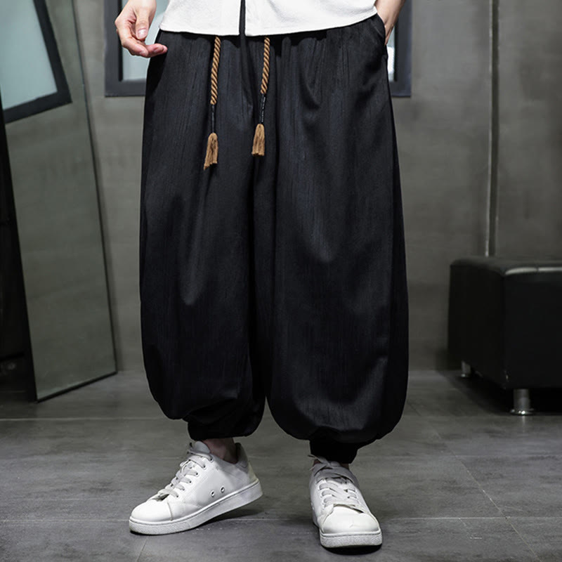 Buddha Stones Casual Daily Pure Color Drawstring Design Men's Harem Pants With Pockets
