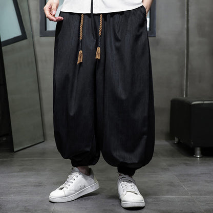 Buddha Stones Casual Daily Pure Color Drawstring Design Men's Harem Pants With Pockets