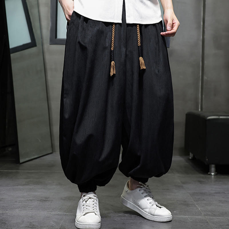 Buddha Stones Casual Daily Pure Color Drawstring Design Men's Harem Pants With Pockets