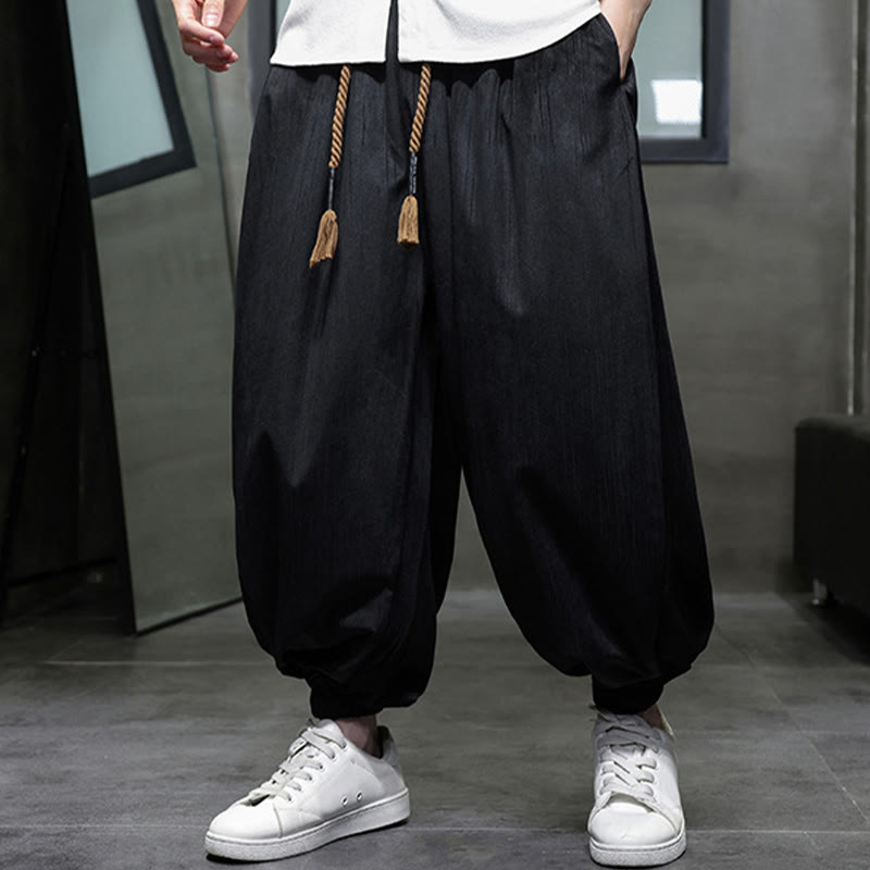 Buddha Stones Casual Daily Pure Color Drawstring Design Men's Harem Pants With Pockets