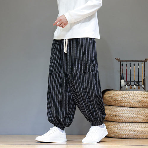 Buddha Stones Fall Striped Pattern Drawstring Men's Harem Corduroy Pants With Pockets