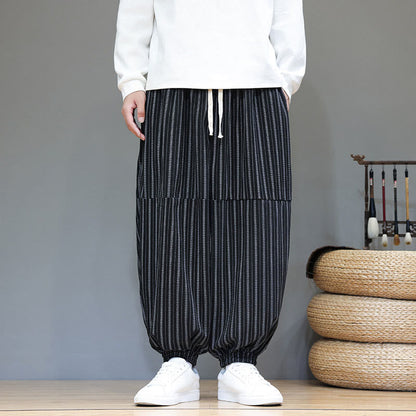 Buddha Stones Fall Striped Pattern Drawstring Men's Harem Corduroy Pants With Pockets