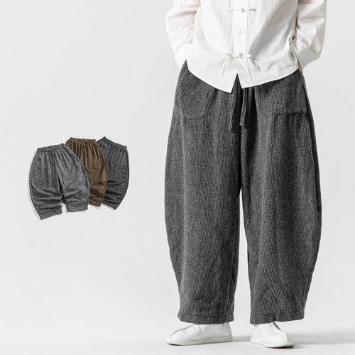 Buddha Stones Daily Solid Color Drawstring Design Men's Wide Leg Cotton Pants With Pockets