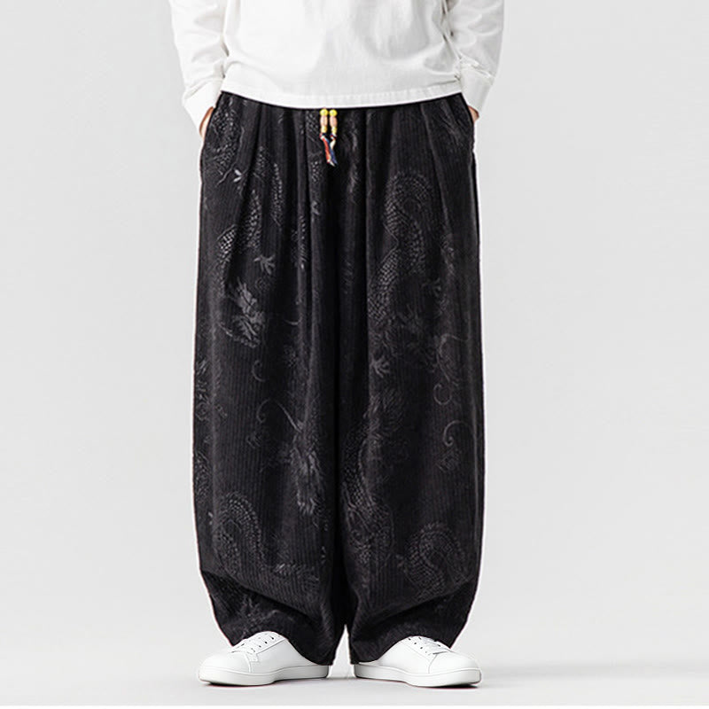 Buddha Stones Winter Dragon Phoenix Pattern Cotton Corduroy Men's Harem Pants With Pockets