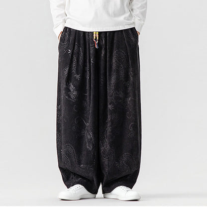 Buddha Stones Winter Dragon Phoenix Pattern Cotton Corduroy Men's Harem Pants With Pockets