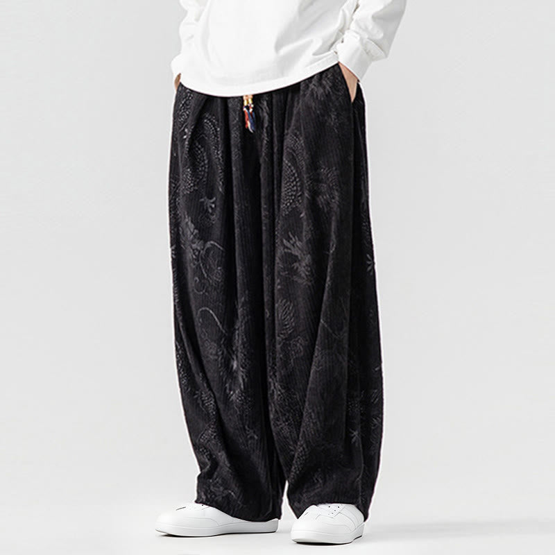 Buddha Stones Winter Dragon Phoenix Pattern Cotton Corduroy Men's Harem Pants With Pockets