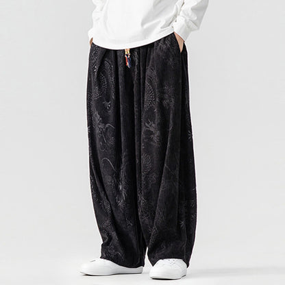 Buddha Stones Winter Dragon Phoenix Pattern Cotton Corduroy Men's Harem Pants With Pockets