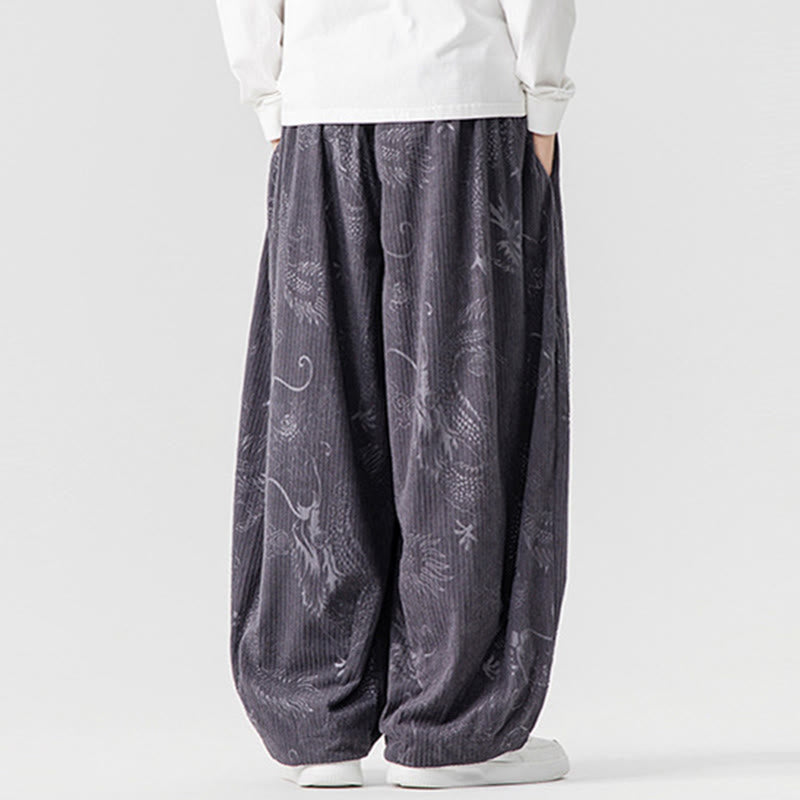 Buddha Stones Winter Dragon Phoenix Pattern Cotton Corduroy Men's Harem Pants With Pockets