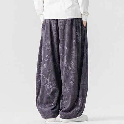 Buddha Stones Winter Dragon Phoenix Pattern Cotton Corduroy Men's Harem Pants With Pockets