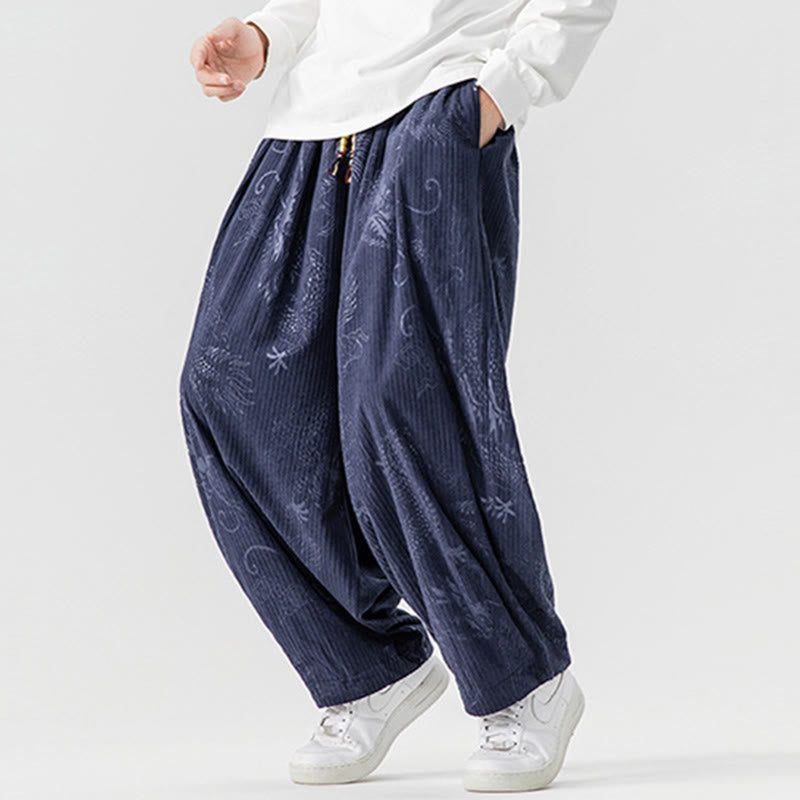 Buddha Stones Winter Dragon Phoenix Pattern Cotton Corduroy Men's Harem Pants With Pockets