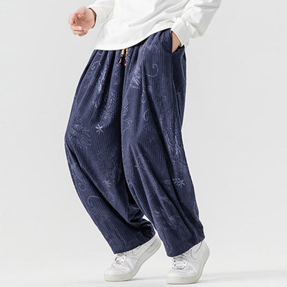 Buddha Stones Winter Dragon Phoenix Pattern Cotton Corduroy Men's Harem Pants With Pockets