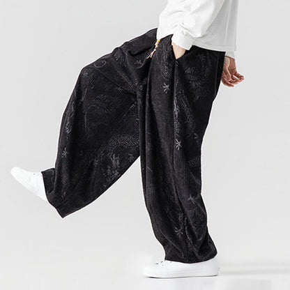 Buddha Stones Winter Dragon Phoenix Pattern Cotton Corduroy Men's Harem Pants With Pockets