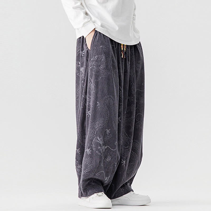 Buddha Stones Winter Dragon Phoenix Pattern Cotton Corduroy Men's Harem Pants With Pockets
