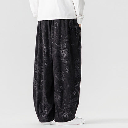 Buddha Stones Winter Dragon Phoenix Pattern Cotton Corduroy Men's Harem Pants With Pockets