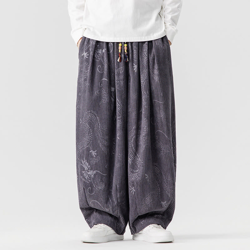 Buddha Stones Winter Dragon Phoenix Pattern Cotton Corduroy Men's Harem Pants With Pockets