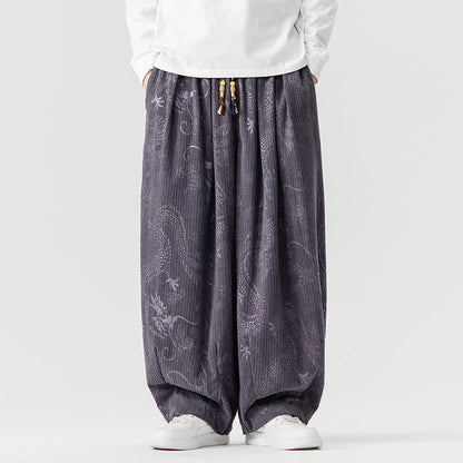 Buddha Stones Winter Dragon Phoenix Pattern Cotton Corduroy Men's Harem Pants With Pockets